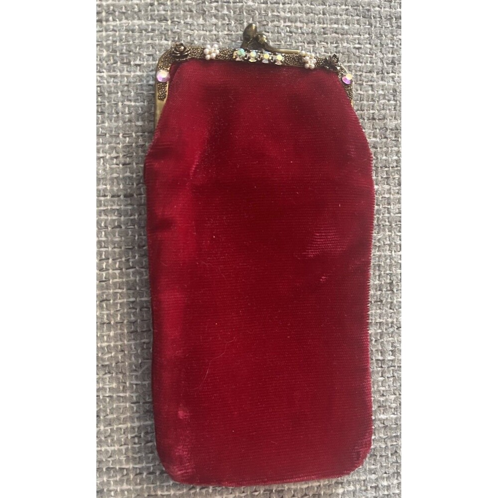 Vtg 1950s Red clutch- Ornate Filigree Aurora Borealis Rhinestones & Faux Pearls